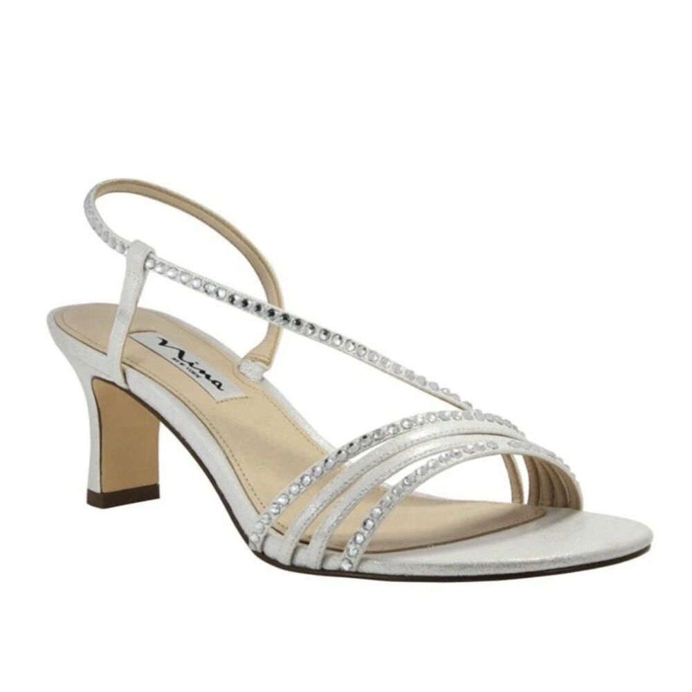 Nina Silver Rhinestones Gerri Open Toe Sling Back Formal Sandals US 7 EUR 37